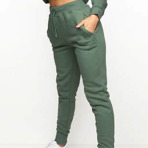 Pantalons de survêtement pour femmes de haute qualité, couleur verte, taille élastique, coupe ajustée et cordon de serrage, en coton - Product Image 3