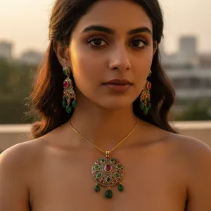 Parure de bijoux classique pour femme en argent 925 avec rubis et émeraudes, comprenant un collier et des boucles d'oreilles pendantes en forme de fleur, style vintage pour mariage, sertissage clos. - Product Image 3