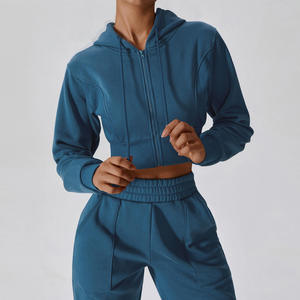 Womens winter crop hoodie breathable fleece fabric <b>drop</b> shoulder oversized style - Product Image 3
