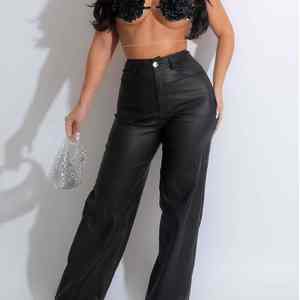 Pantalon personnalisé en cuir PU de haute qualité pour femmes vêtements d'hiver maigre plat devant respirant taille haute fermeture à cordon - Product Image 4