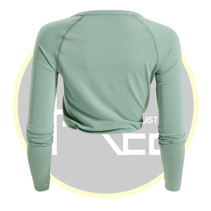 Femmes vert à manches longues haut court ourlet élastique vêtements de sport pour Yoga Gym course Fitness respirant vêtements de sport t-shirt - Product Image 4