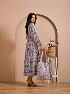 Robe en coton pour femmes, imprimée à motifs, manches longues, longueur midi, fabrication OEM, vente en gros, étiquette personnalisée, fournisseur d'exportation, Inde - Product Image 3