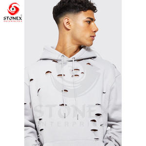 Sweat à capuche en coton personnalisé effet trou lourd Sweat à capuche vieilli anti-rétrécissement lavé pour hommes - Product Image 2