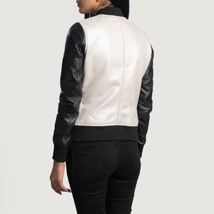 Veste de motard en cuir véritable pour femmes, corps blanc, manches noires, coupe ajustée, col montant, fermeture éclair, design OEM d'hiver - Product Image 5