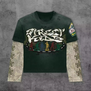 Camiseta de manga larga de algodón con cuello redondo para hombre, camiseta Retro de doble capa con gráficos DTG, camisetas de manga larga Y2K de doble capa - Product Image 3