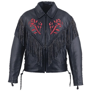 HMB-0315A Women's Winter Motorcycle Jacket <b>Rose</b> Black XL Size Cotton Filled Leather Style Fringes Tassels Zipper Windproof - Product Image 1