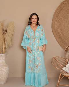 2025 bordado globo Puff manga vestido escote en V profundo estilo Casual fiesta vestido largo ucraniano con borlas de cinturón - Product Image 3