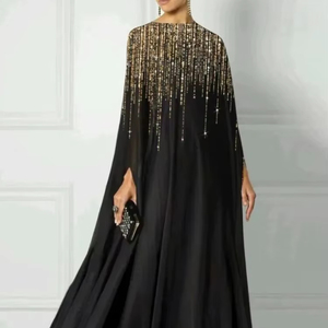 ชุดเดรสราตรีหรูหราสำหรับผู้หญิงเสื้อคลุมสีดำลำลองคอกลมประดับพลอยเทียมทรงหลวมแขนค้างคาวแฟชั่นใหม่ - Product Image 6