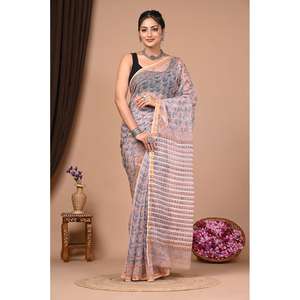 Sari en soie Banarasi à imprimé bloc Kota Dorriya, style ethnique indien dessiné à la main, pour les occasions festives à prix abordable - Product Image 1