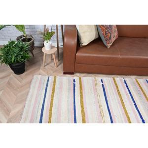 Tapis turc vintage 2,9x7,1 pieds, tapis bleu et blanc à bordures - Product Image 2