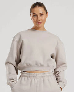 Sudadera de mujer con cuello redondo recortada con piedra y logotipo personalizado, sudadera con hombros caídos y puños acanalados y dobladillo para mujer, sudadera de gran tamaño - Product Image 1