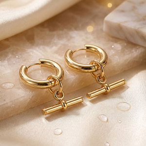 Jeulia Geometric Princess Cut Rhodium Plated T-Bar Hoop Pendant Earrings - Product Image 3