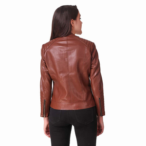 100% Premium Top Grain Brown Leather Jacket Women Turn-<b>down</b> Collar Cotton Filled Windproof Breathable Winter Crop Body Zipper - Product Image 2