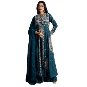 Vente de gros Costume Palazzo en soie bleu sarcelle avec motifs Vêtements ethniques pour femmes Vêtements OEM Fournisseur d'usine Tenue de fête - Product Image 4