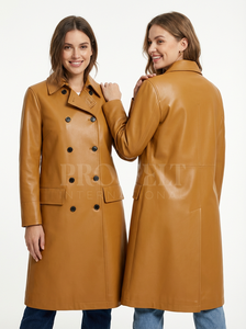 Whole Sale Comfortable Regular Fit Leather Long Coat Custom Made Classic Double Button <b>Winter</b> Outerwear Soft Real Leather Coats - Product Image 6