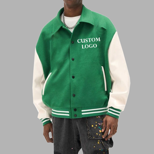 OEM Wholesale Supplier Green <b>Wool</b> Blend Varsity Jacket With <b>White</b> Leather Sleeves Baseball Bomber Coat Ribbed Hem Men's Jackets - Product Image 1