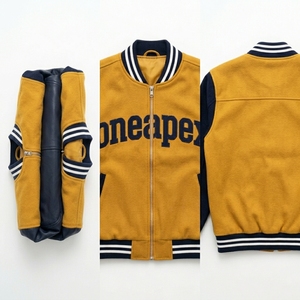 Veste Homme Jaune Moutarde Bleu Marine Personnalisée en Mélange de Laine avec Fermeture Éclair, Col et Poignets en Tricot Côtelé, Logo Brodé, Style Décontracté Streetwear - Product Image 5