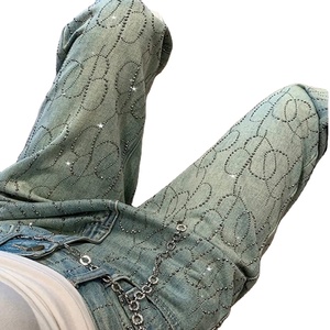 Jeans de Mujer de Cintura Alta con Pedrería, Pantalones Anchos de Mezclilla Elástica y Transpirable - Product Image 5