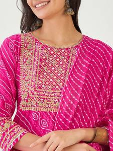 Mujeres étnicas Bandhani bordado Regular puro algodón Kurta con Sharara y con Dupatta indio Pakistán Salwar kameez traje - Product Image 4