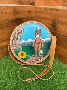 Nuevo monedero de cantimplora de cuero mecanizado a mano occidental, elegante bolso cruzado redondo de vaquera y girasol, bolsos de cuero genuino para mujer - Product Image 2