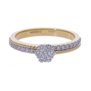 Anillo de diamante natural de oro amarillo de 14 quilates Diseño de vástago de doble fila con centro de flor de racimo y diamantes de juego de pavé - Product Image 1