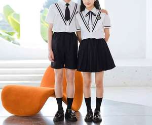 เสื้อโปโลสีขาวสำหรับเด็กนักเรียนหญิงเกาหลีพร้อมกระโปรงสีน้ำเงินชุดเครื่องแบบนักเรียนระดับประถม - Product Image 2