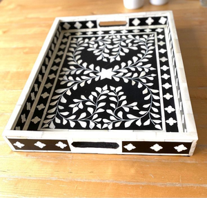 Plateau décoratif moderne de luxe fait main en os incrusté, écologique, avec motifs floraux complexes |   Table basse console décorative haut de gamme - Product Image 3