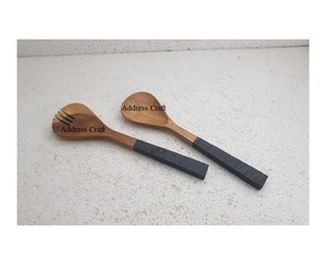 Ensemble cuillère et fourchette à salade en bois d'acacia naturel avec manche en marbre, écologique, utilisations multiples, outils de service - Product Image 3