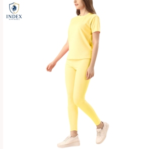Conjunto Deportivo Informal Amarillo para Mujer de INDEX APPAREL, Manga Corta, Cuello Redondo, Pantalones Transpirables, Ligeros, de Color Sólido, para Verano - Product Image 1