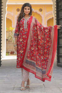 Conjunto de Kurta Tradicional de Algodón con Cuello en V, Estampado Floral Rojo con Lentejuelas, Mangas Tres Cuartos, Dupatta y Pantalón Recto para Mujer, Ideal para Fiestas - Product Image 5