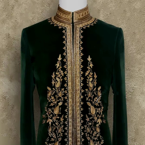 Stylish Bottle-Green Sherwani & <b>Pant</b> Groom 2024 Wedding Embroidered Dabka Work Embellished Crystal Glass Beads Fabric Material - Product Image 1