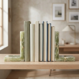 Juego de 2 sujetalibros de ónix verde natural, hechos a mano, en forma de L, de mármol, decorativos para el hogar, soporte para libros, venta al por mayor, logotipo personalizado - Product Image 1