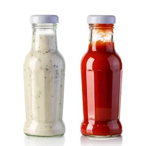 Şeffaf ketçap cam yuvarlak 12oz şişe büküm üst kapak Sriracha makarna sosu cam konteyner şişeleri meyve suyu şişesi cam