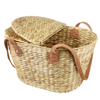 Panier de pique-nique en rotin et jacinthe d'eau avec couvercle, écologique, fait main, classique, rond, multifonctionnel, récipient alimentaire