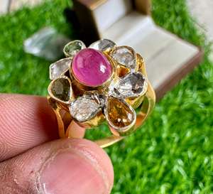 Anillo de Cóctel con Incrustaciones de Turmalina Multicolor y Diamantes Polki en Plata de Ley 925, Chapado en Oro - Product Image 1