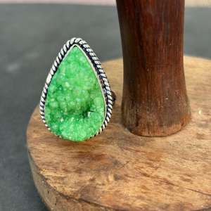 Vente chaude 925 Sterling Silver Women's Wedding Ring Original Green Coated Druzy Gemstone Moissanite Trendy Wholesale Jewelry - Product Image 2