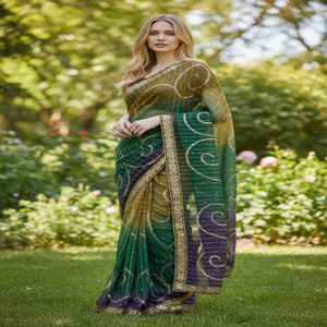Colecciones Shubham, Elegancia Atemporal, Última Moda en Saris Indios, Tela de Chifón con Patrón Floral, Bordado Intrincado con Lentejuelas - Product Image 4