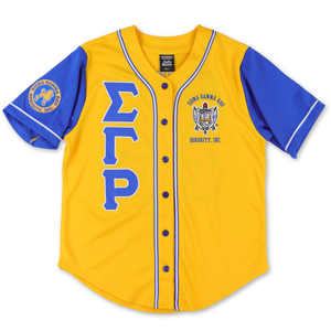 เสื้อเบสบอล Sigma Gamma Rho สีทองน้ำเงินสำหรับผู้หญิง ตัวอักษรกรีก กระดุมติดหน้าเสื้อ SGR เสื้อผ้าชมรมนักศึกษา ทรงสปอร์ต ใส่สบายๆ - Product Image 3