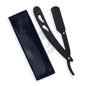 Maquinilla de afeitar recta de peluquero de acero inoxidable sólido con logotipo personalizado con revestimiento negro con hoja expuesta moldeador de barba de salón profesional - Product Image 1