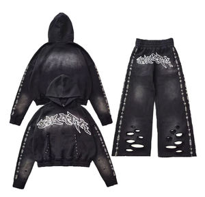 ชุดฮู้ดดี้และกางเกงวอร์มปักลายหรูหราแบบสั่งทำปี 2025 ลายกราฟิกวินเทจประดับคริสตัลทรงบ็อกซี่ฟอกสีสไตล์สตรีทแวร์สำหรับทุกเพศ - Product Image 5