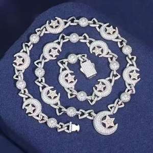 Cadena Cubana Hip Hop de Moissanita VVS, Corte Redondo, 25 Quilates, 12mm, Diseño Luna y Estrella, para Boda/Fiesta, para Hombre, Plata de Ley 925 - Product Image 3