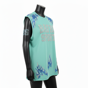 Chemise sans manches pour femmes en jersey de coton premium, tissu doux, vert menthe, strass thermocollés, logo personnalisé, haut en coton pour femmes - Product Image 4