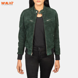 Veste de bombardier en cuir suédé véritable pour femmes, coupe ajustée, vert, doux, chaud, manteau d'hiver, décontracté, fermeture à glissière, solide, teint en plaine. - Product Image 4