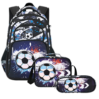 Tas Sekolah Anti Air Warna Hitam untuk Anak Usia 6-12 Tahun, Set Ransel Anak Laki-laki Motif Kartun Sepak Bola dengan Cetakan Sepak Bola, 3 Set