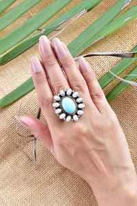 Anillo ajustable hecho a mano de turquesa y plata de ley, anillo llamativo de nácar para mujer - Product Image 6