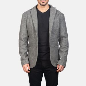 Tùy Chỉnh Người Đàn Ông Của Len Blazer Trong Màu Grey Đứng Cổ Áo Với Phía Trước Biểu Tượng Đóng Cửa Và Nút Da Giản Dị Mùa Đông Phong Cách Dịch Vụ OEM - Product Image 2