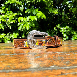 Ceinture en cuir véritable sculptée à motifs floraux classiques de style western de qualité supérieure pour hommes et femmes avec un travail artisanal vieilli, style de soirée - Product Image 3