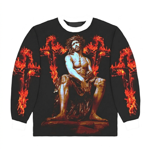 T-shirt streetwear imprimé graphique croisé, style gothique, manches longues, coupe premium, 100% coton, pour homme, coupe ample - Product Image 1