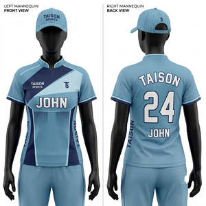 Maillot de cricket pour femmes 180 GSM en polyester interlock bleu ciel et bleu marine avec empiècements latéraux contrastants, sublimation par transfert thermique, logo personnalisé - Product Image 2