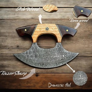 Couteau Ulu, couteau coupe-pizza en acier damas forgé à la main de 6 "avec manche en bois antidérapant, couteau hachoir à salade de qualité supérieure. - Product Image 3